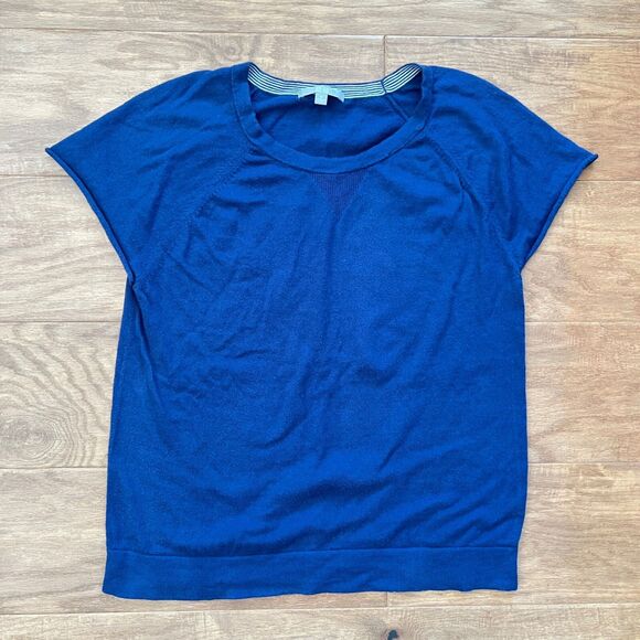 Uniqlo Sweater Size M Blue Cotton Cashmere Blend Short Sleeve - Picture 1 of 8